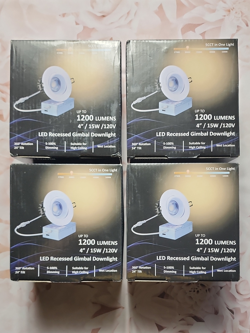 4 Pack White 5CCT LED Recessed Gimbal Downlight - 4" 15W 120V